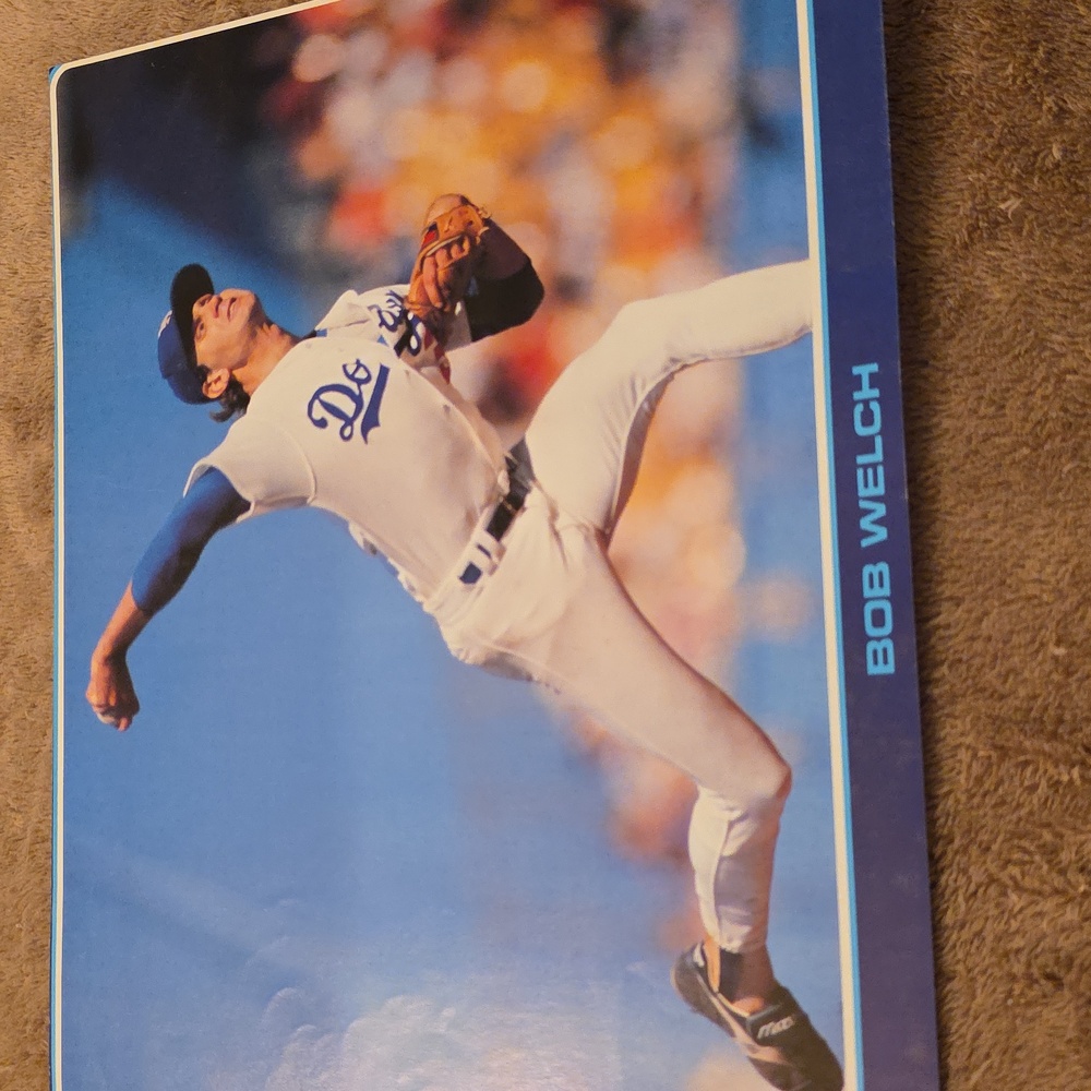 VINTAGE Baseball Pitcher Bob Welch Art Poster - Blue and White